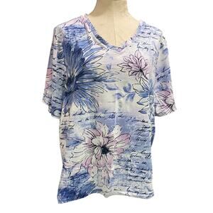 1X Liz & Me Womens Floral Print V-Neck Tshirt Short Sleeve